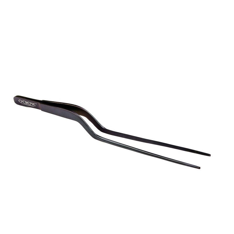 O'Creme 8 Inch Black Stainless Steel Precision Kitchen Culinary Offset Tweezer Tongs - Image 1
